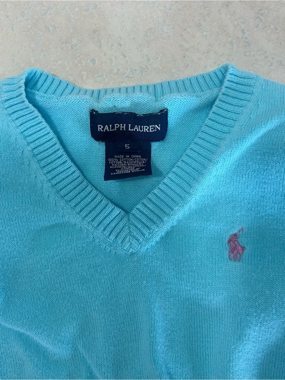 Ralph Lauren Kids Aqua V-Neck Sweater with Pink Pony